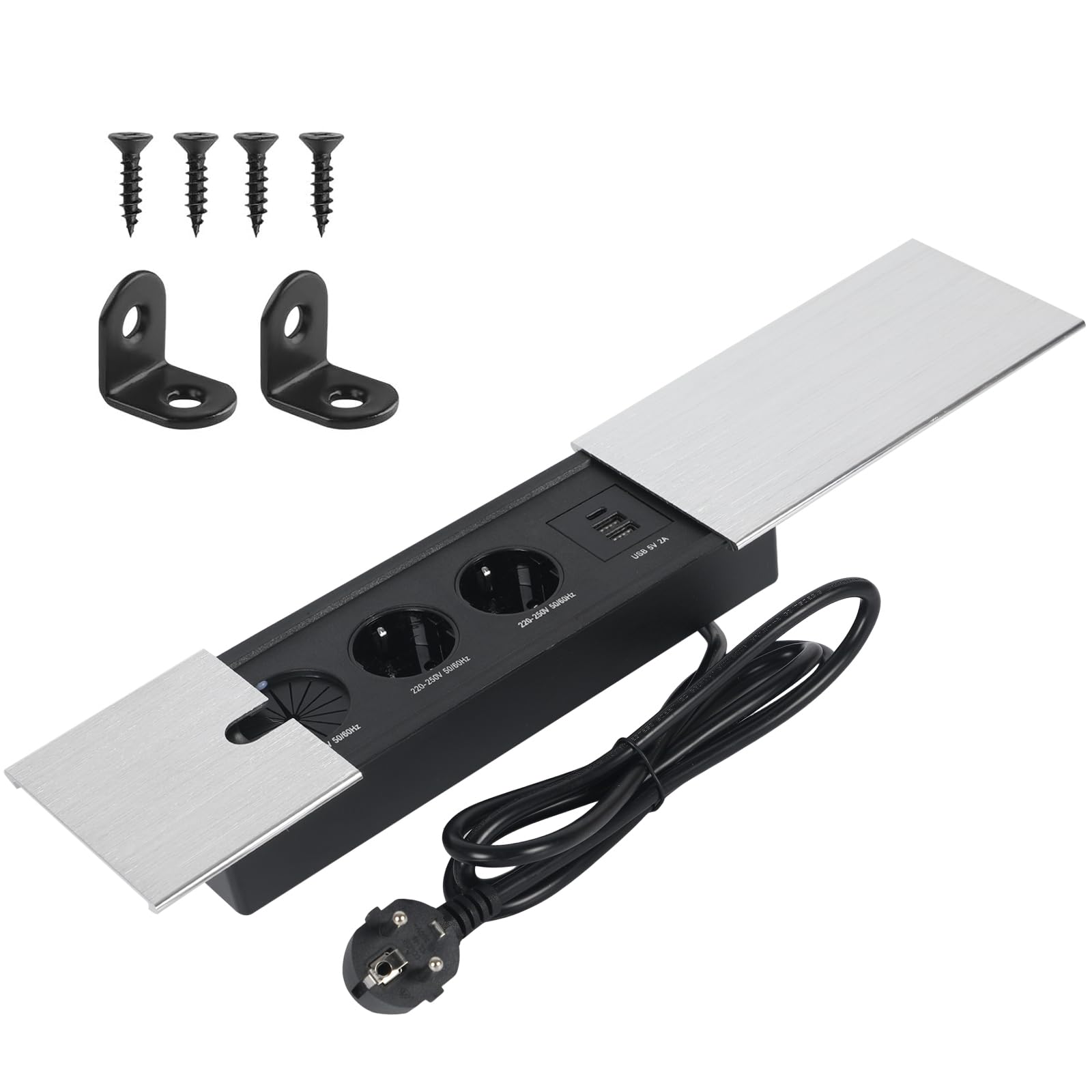 Ciabatta elettrica da incasso con coperchio scorrevole in metallo, presa a scomparsa 3 scomparti con 2 USB A e USB C, presa da tavolo a scomparsa per scrivania, cucina, ufficio (argento, 2)