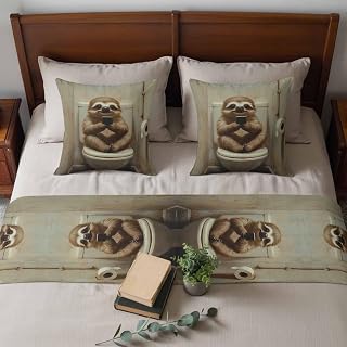 Queen Size Bed Runner Set 83 x 20 inch Sloth Sits on The Toilet Bed Scarf with 2 Matching Pillow Covers Funny Sloth Decorative Bed End Scarf and Cushion Covers for Bed Hotel Decor