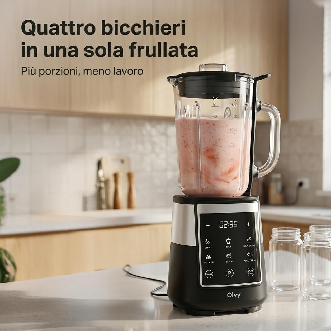 Olvy Frullatore Smoothie Maker 1500ml Vetro To-Go Timer LED 6 Lame-Black