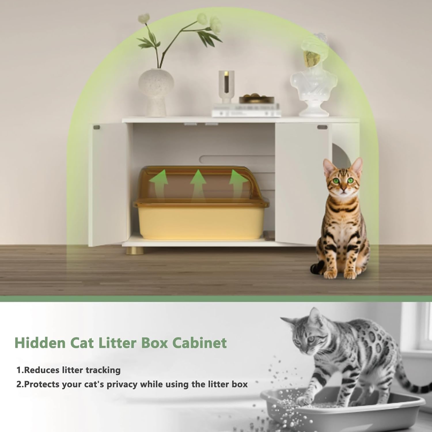 Wood Cat Litter Box Enclosure, Hidden Litter Box Cabinet with Scratching Mat and Storage Top, Double Doors, Fit Most Cats and LitterBox(Black)
