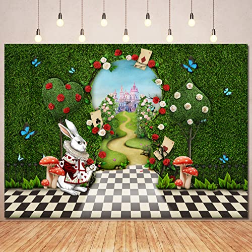 Image of Wonderland Photo Backdrop for Birthday Photography,Wonderland Tea Party Backdrops Fairy Castle Green Grass Fence Wonderland Background for Gril Birthday Decorations Banner Newborn Portrait Prop 10x7ft