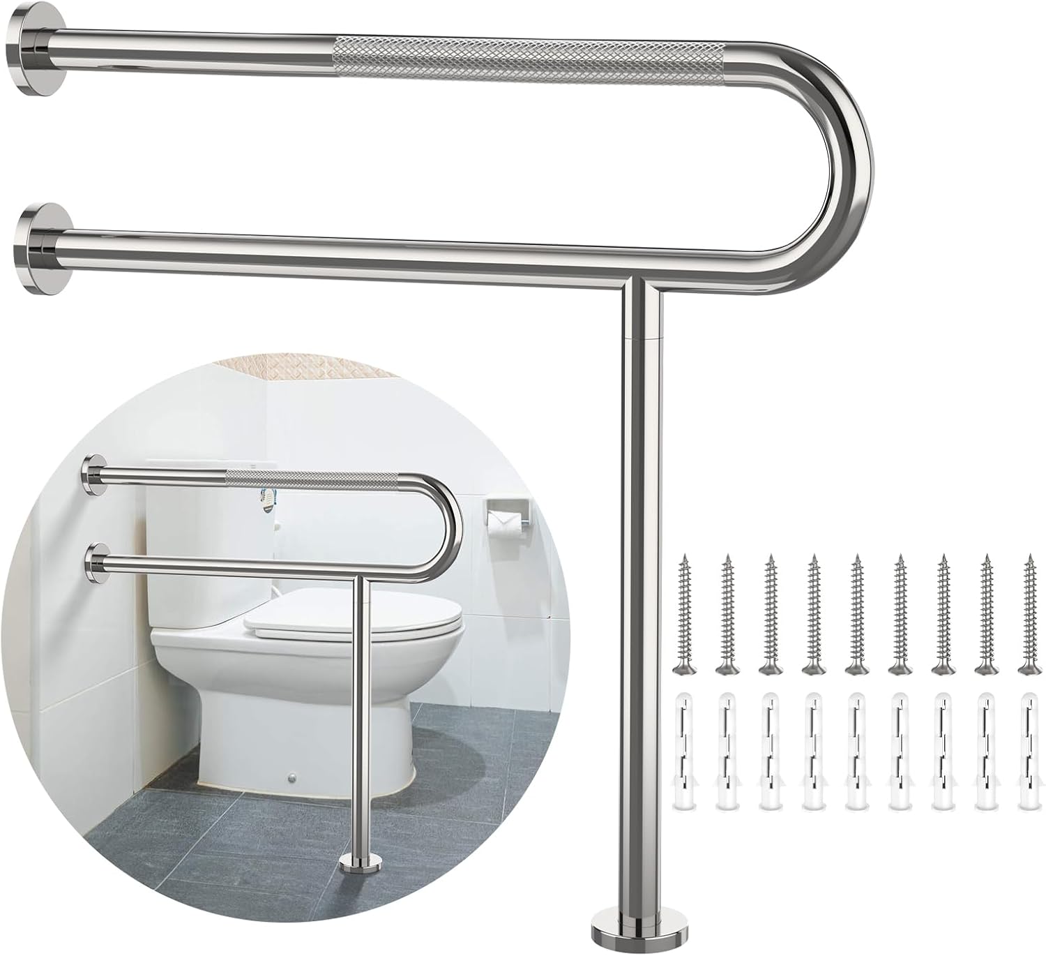 Toilet Support Rail 31.3X 31.5 Inch, Munzong Anti-Slip Chrome Handicap Grab Bar for Bathroom, Stainless Steel Knurled Safety handrails with Leg for Elderly Disabled Pregnant-1.25’Tube 32 Inch Chrome 1