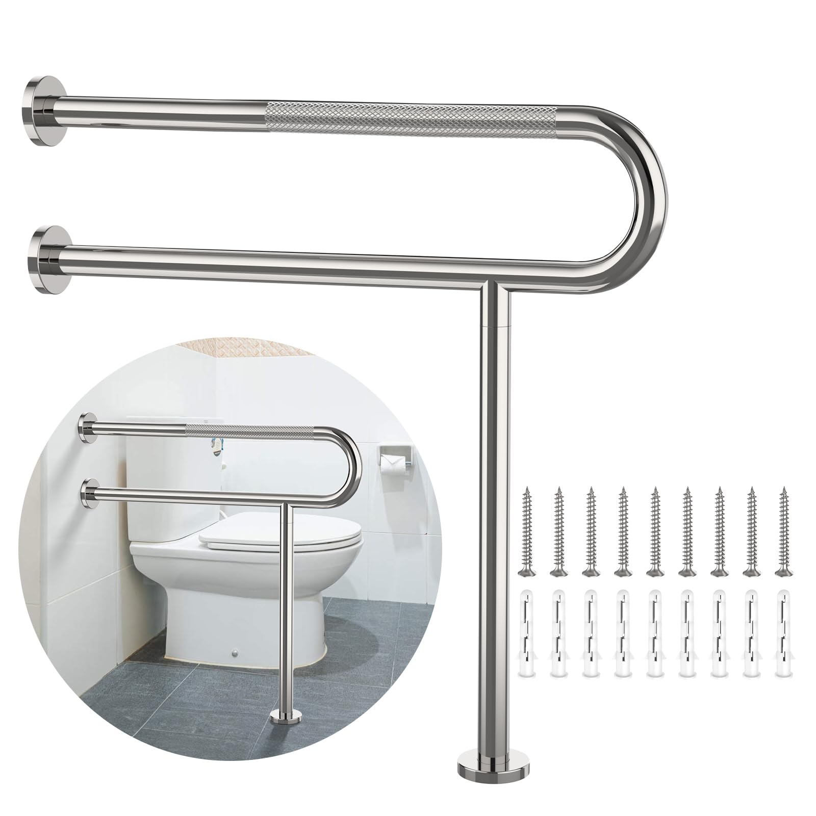 Toilet Support Rail 31.3X 31.5 Inch, Munzong Anti-Slip Chrome Handicap Grab Bar for Bathroom, Stainless Steel Knurled Safety handrails with Leg for Elderly Disabled Pregnant-1.25’Tube