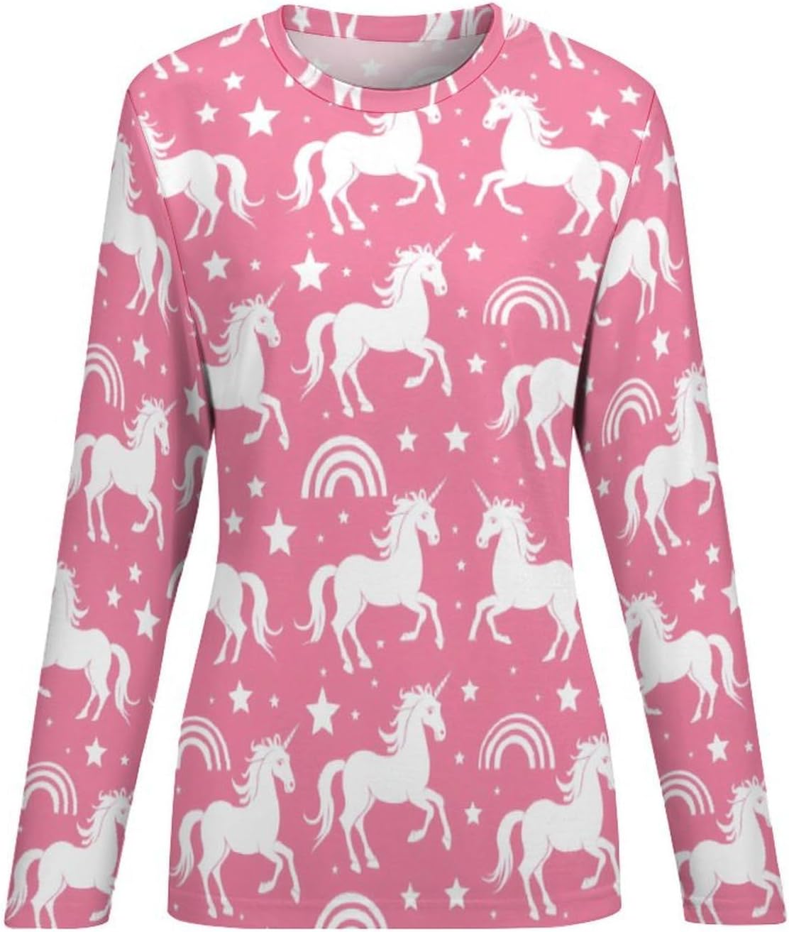 Uni-corn-s Rainbow Women's Pajama Top Sleepwear Pajamas Sleep T-Shirt Long Sleeve Shirt Crewneck Tee