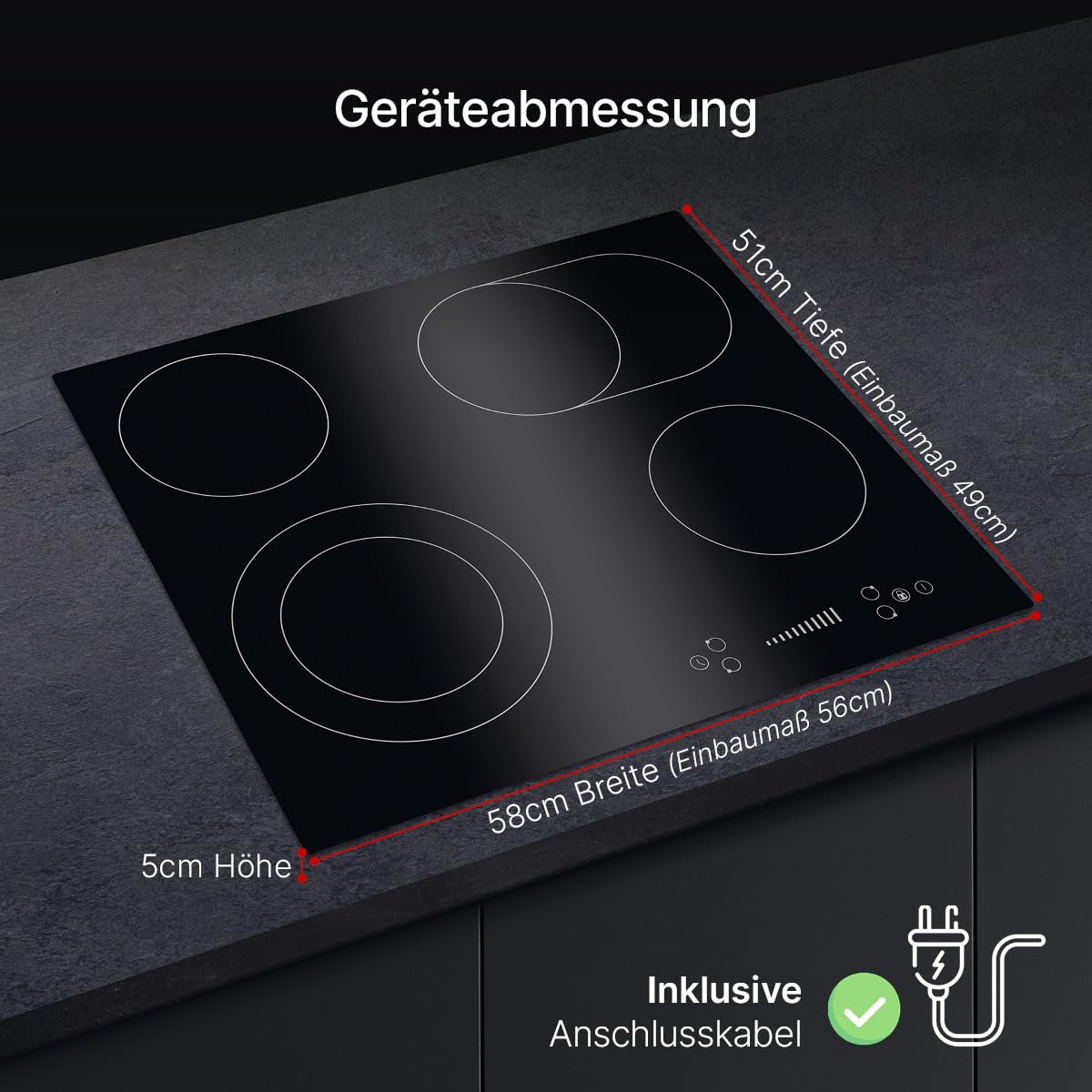 Bomann® Autarkes Kochfeld | 4 Zonen | Kochfeld Autark mit Slide Control & Timerfunktion | Kochplatte mit 9 Stufen | Glaskeramikkochfeld 6600W & Kochstoppautomatik | EBK 7941