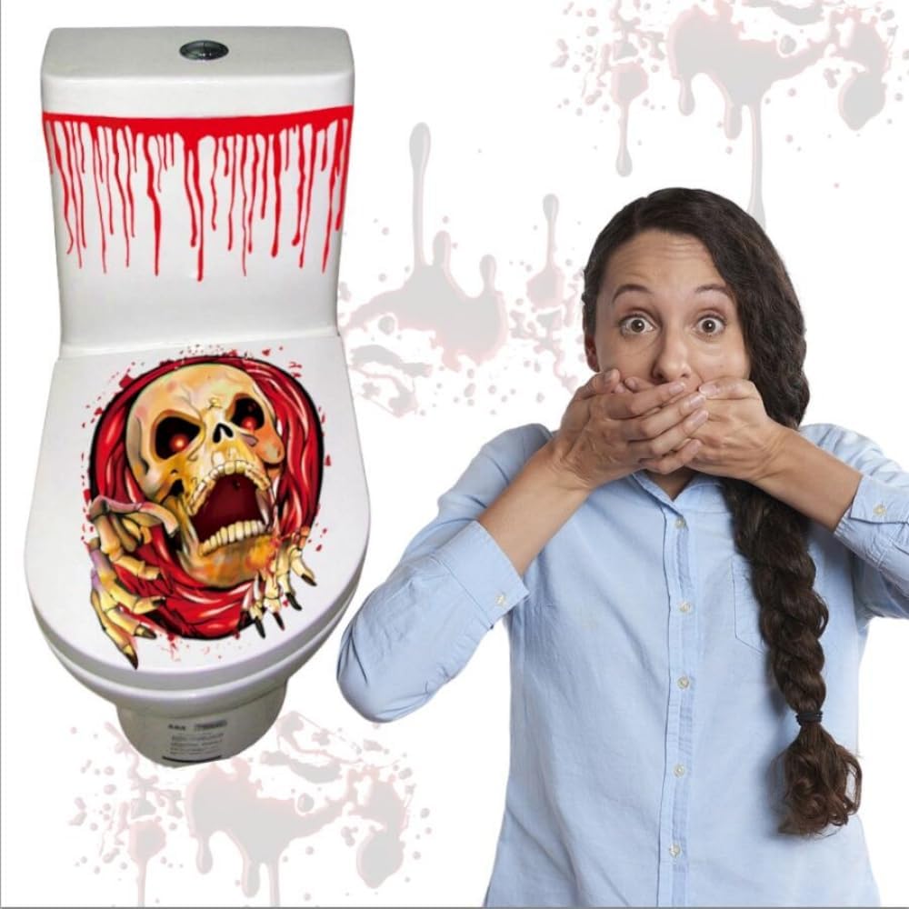 Halloween Toilet Lid Stickers,2 Sheets Horror Bloody Skull Hand WC Stickers,Self-Adhesive Removable 3D Toilet Seat Decals Murals for WC Restroom Door Seat Bathroom Decoration