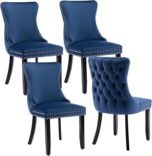 Juego de 4 sillas de comedor tapizadas de terciopelo con respaldo de ala, sillas decorativas azules, 4 sillas de comedor con patas de madera maciza