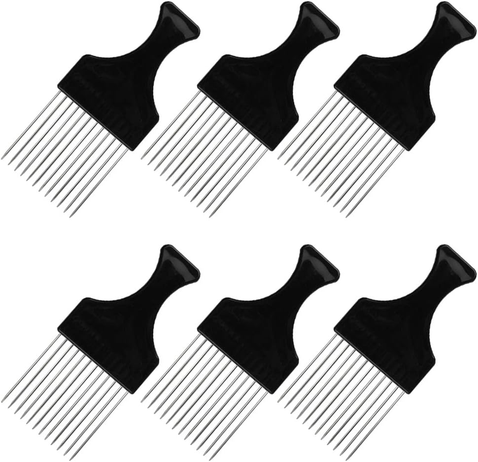 6 Packs Afro Comb Metal Pick Comb, Afro Braid Pick Hairdressing Detangle Wig Braid Hair Styling Comb Styling Tool- Black