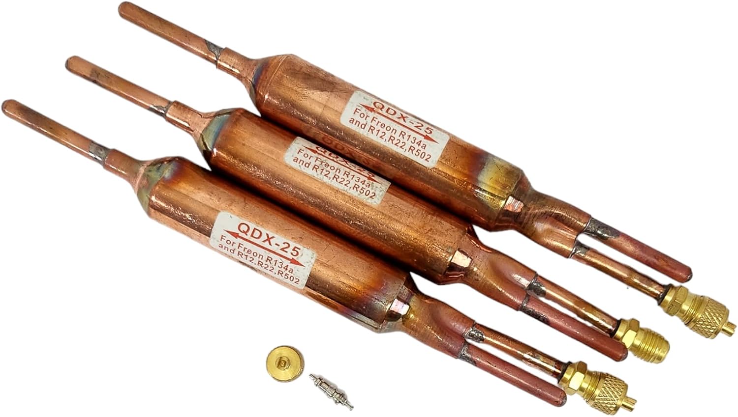 QDX - 25 Copper Filter Drier Refrigerant Liquid Line with Charging Valve 1/4 x 1/4 25 Grams Bi-Directional Design Universal Fit for Refrigerants R134A R502 Easy Installation for Refrigerator