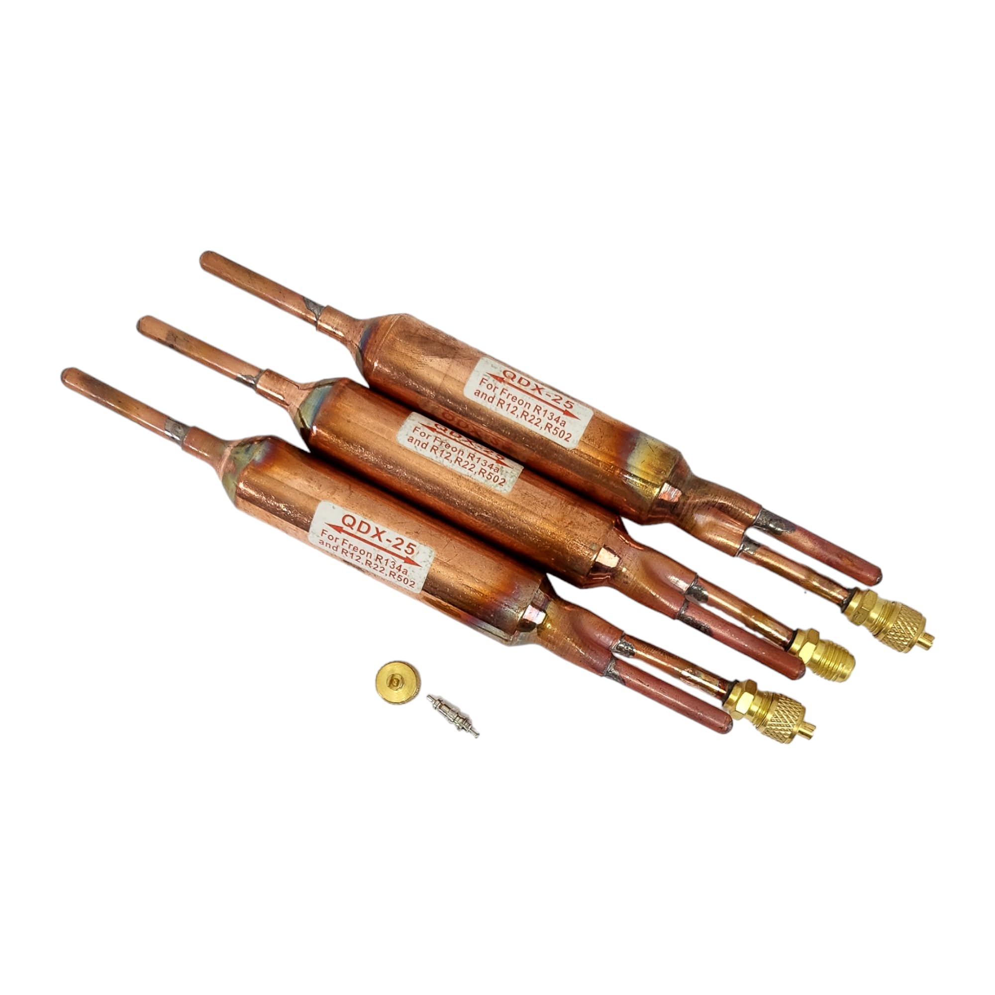 QDX - 25 Copper Filter Drier Refrigerant Liquid Line with Charging Valve 1/4 x 1/4 25 Grams Bi-Directional Design Universal Fit for Refrigerants R134A R502 Easy Installation for Refrigerator