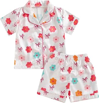 Kuriozud Kids Toddler Girl Satin Pajamas Set Summer Short Sleeve Button Down Shirt Top and Shorts 2pcs Pjs Sets Sleepwear
