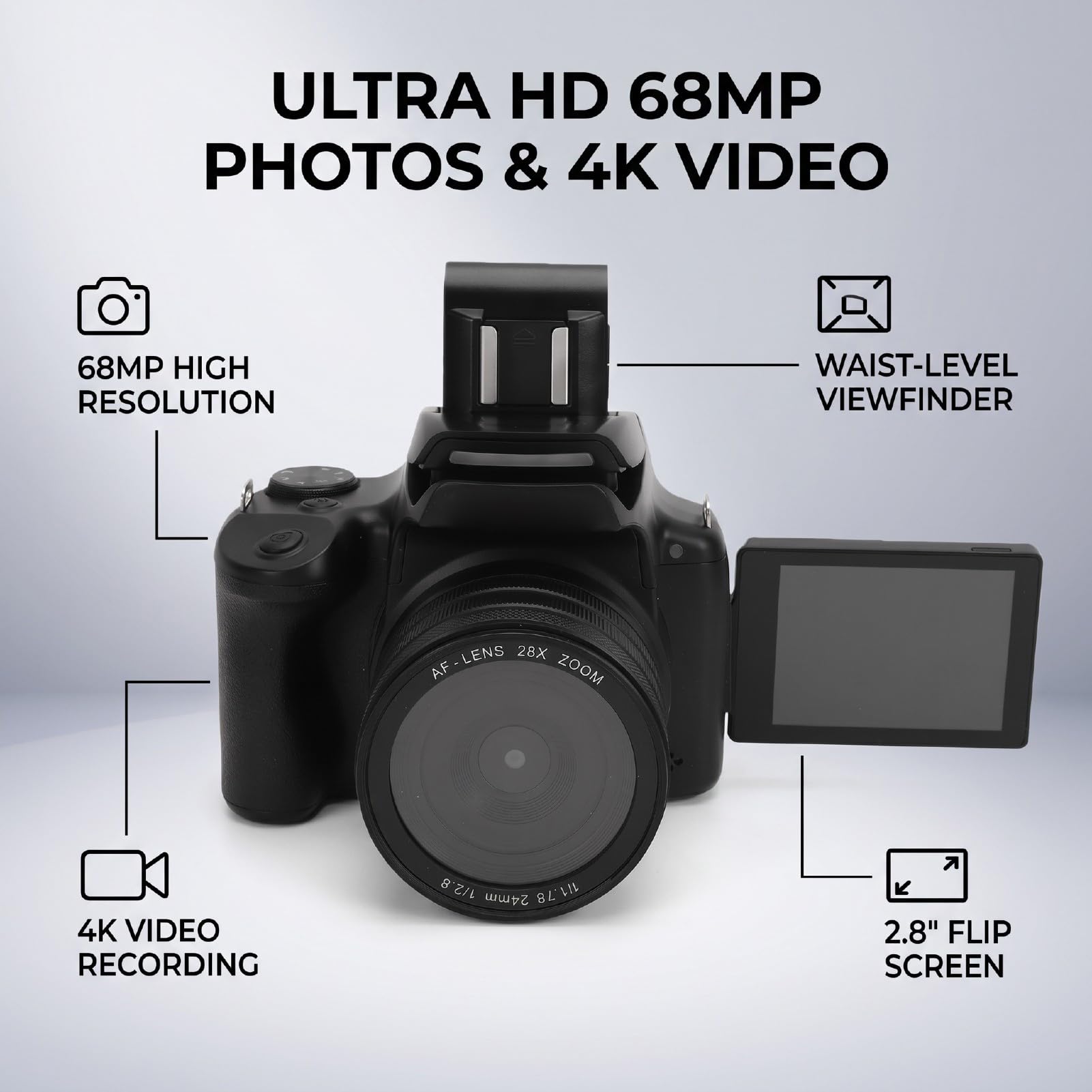 Fotocamera DSLR 4K con Mirino a Livello della e Sensore da 68 MP per gli Appassionati di Fotografia, Dimensioni Compatte