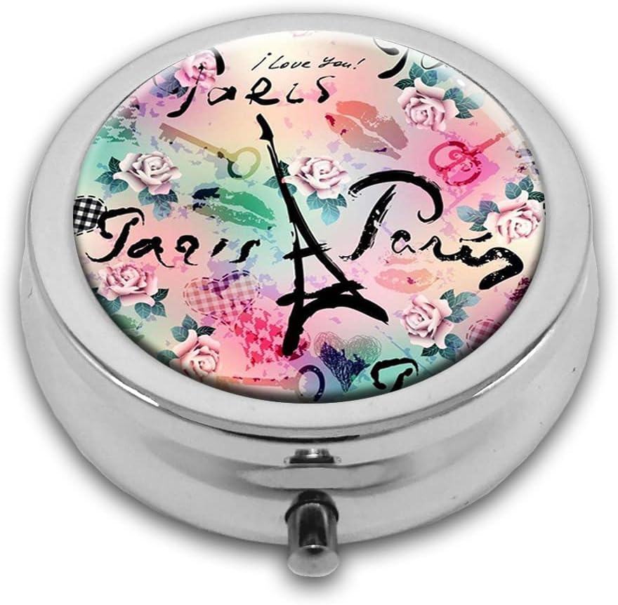 Paris Pill Box Purse Pocket Small Round Silver Pill Case