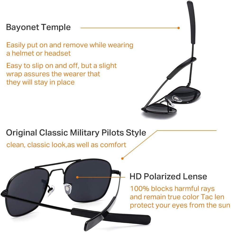 IOHLNG Mens Aviator Sunglasses Polarized 55mm Pilot Military Square Shades with Bayonet Temples - Image 6