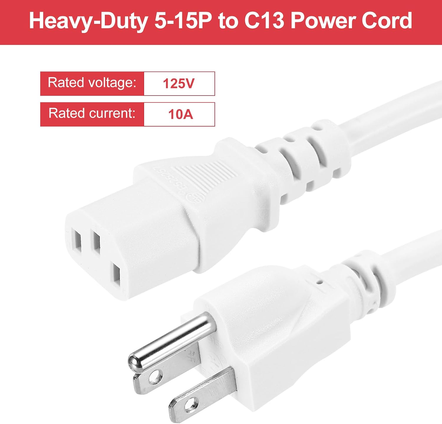 MECCANIXITY 15ft 18 AWG White 18/3 Universal Power Cord C13 to NEMA 5-15P 10A 125V 3-Prong Extension Power Cord for PC,Computer,Printers,TV,AC Adapter,Laptop,Monitor,Projector