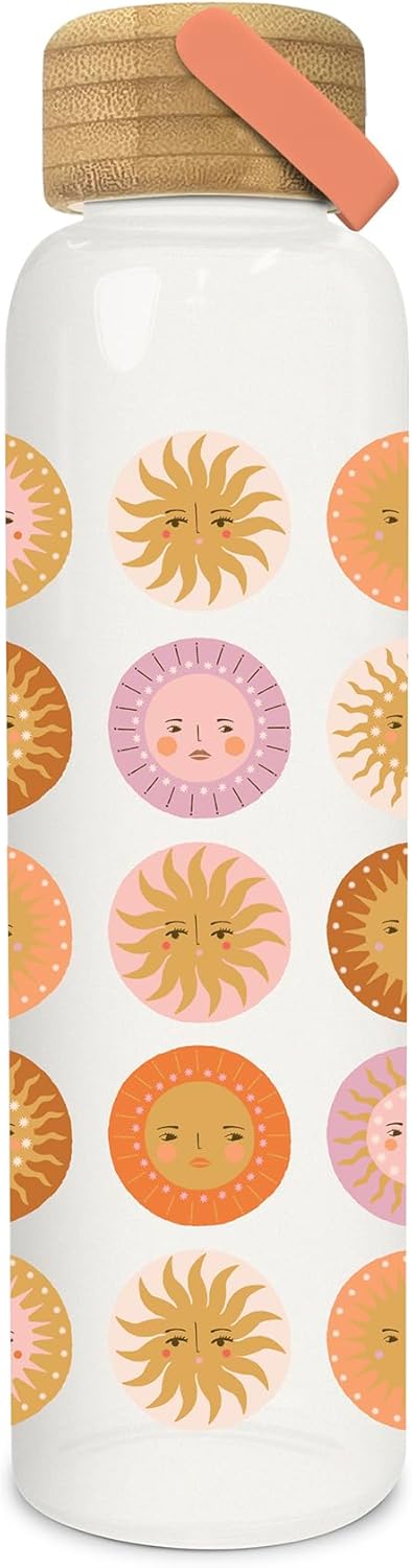 Studio Oh! Reusable Glass Water Bottle with Bamboo Lid, Borosilicate Glass Travel Water Bottle, Shatter-Resistant with Silicone Coating, Glass Tumbler with Lid, On the Sunny Side, 21 oz, 9.68"