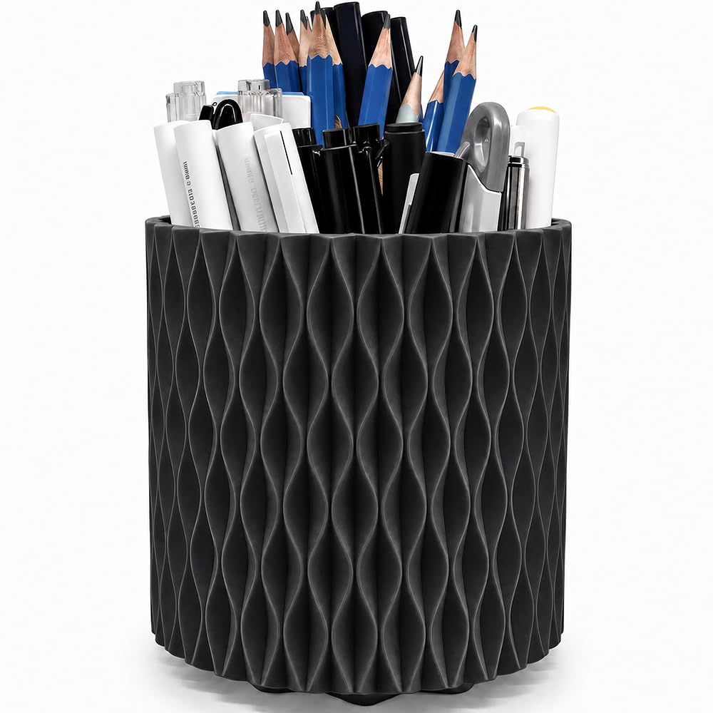 Lebenrich Aesthetic Black Pen Holder for Desk, Rotating Plastic Desk Pencil Holder Organizer for Home School Office