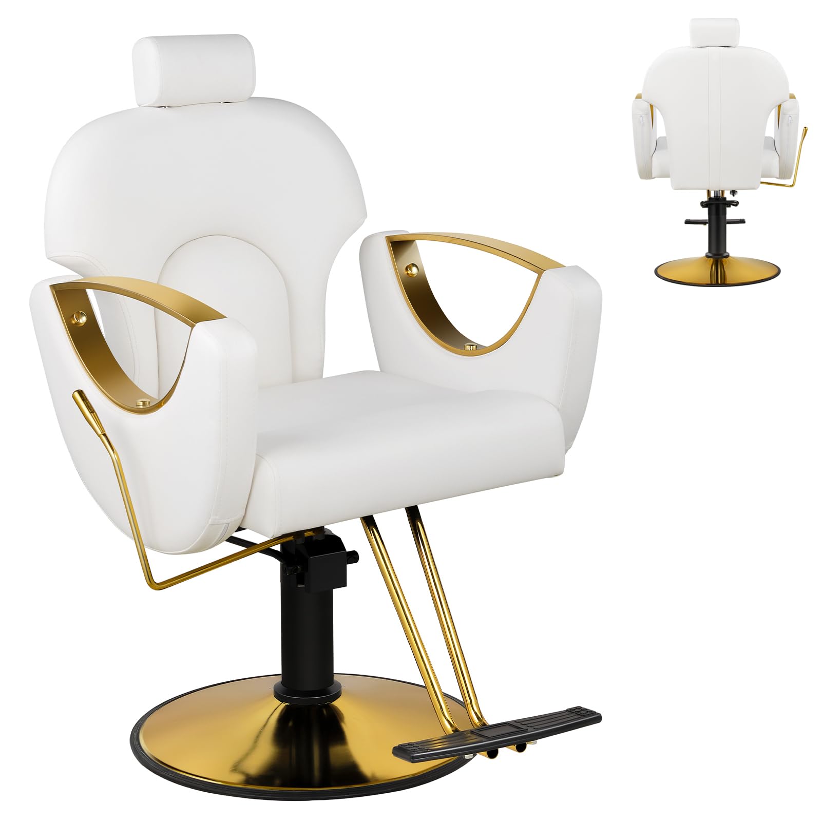 White Barber Chair, Reclining Salon Chair for Hair Stylist, Height Adjustable Hair Styling Armchair with 360 Degrees Rolling Swivel, Multi-Function Hairdresser Braiding Armchair