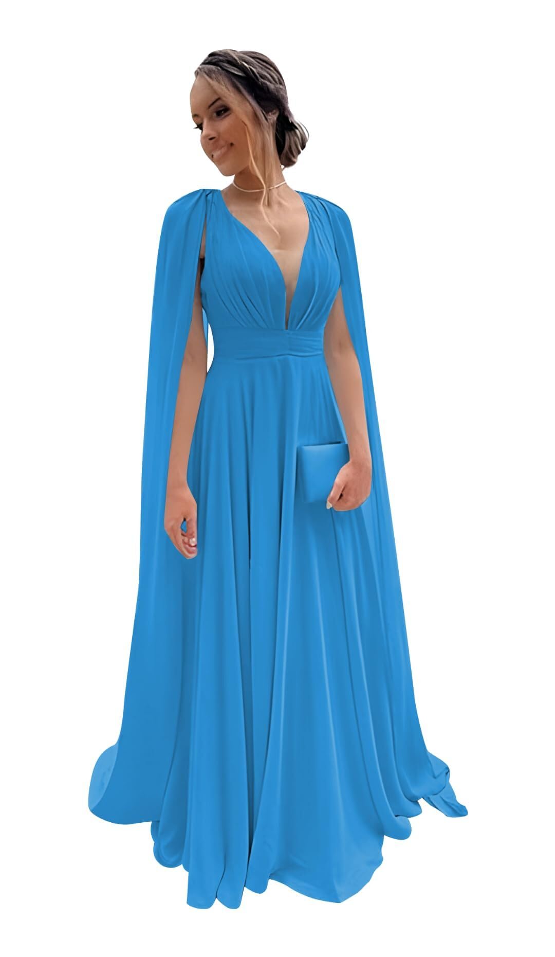 Chiffon Bridesmaid Dress for Women Cape Sleeve V-Neck Formal Evening Gowns with Pocket LBC020