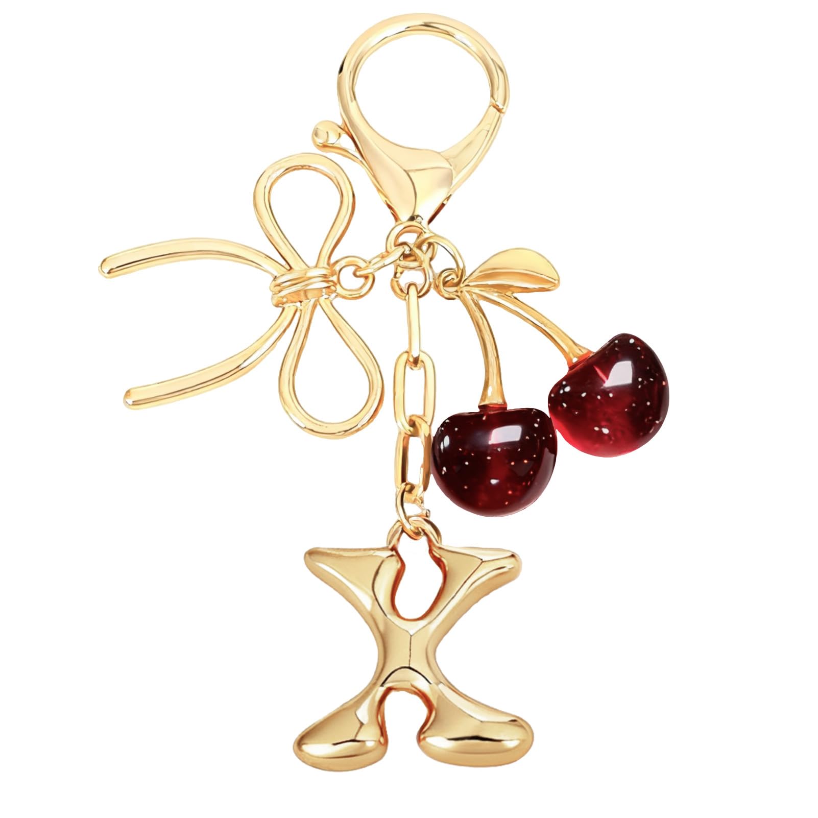 Snylcce Gold Initial Letter X Keychain with Bow & Deep Red Cherry Cute Bag Charm for Women Purse Accessories