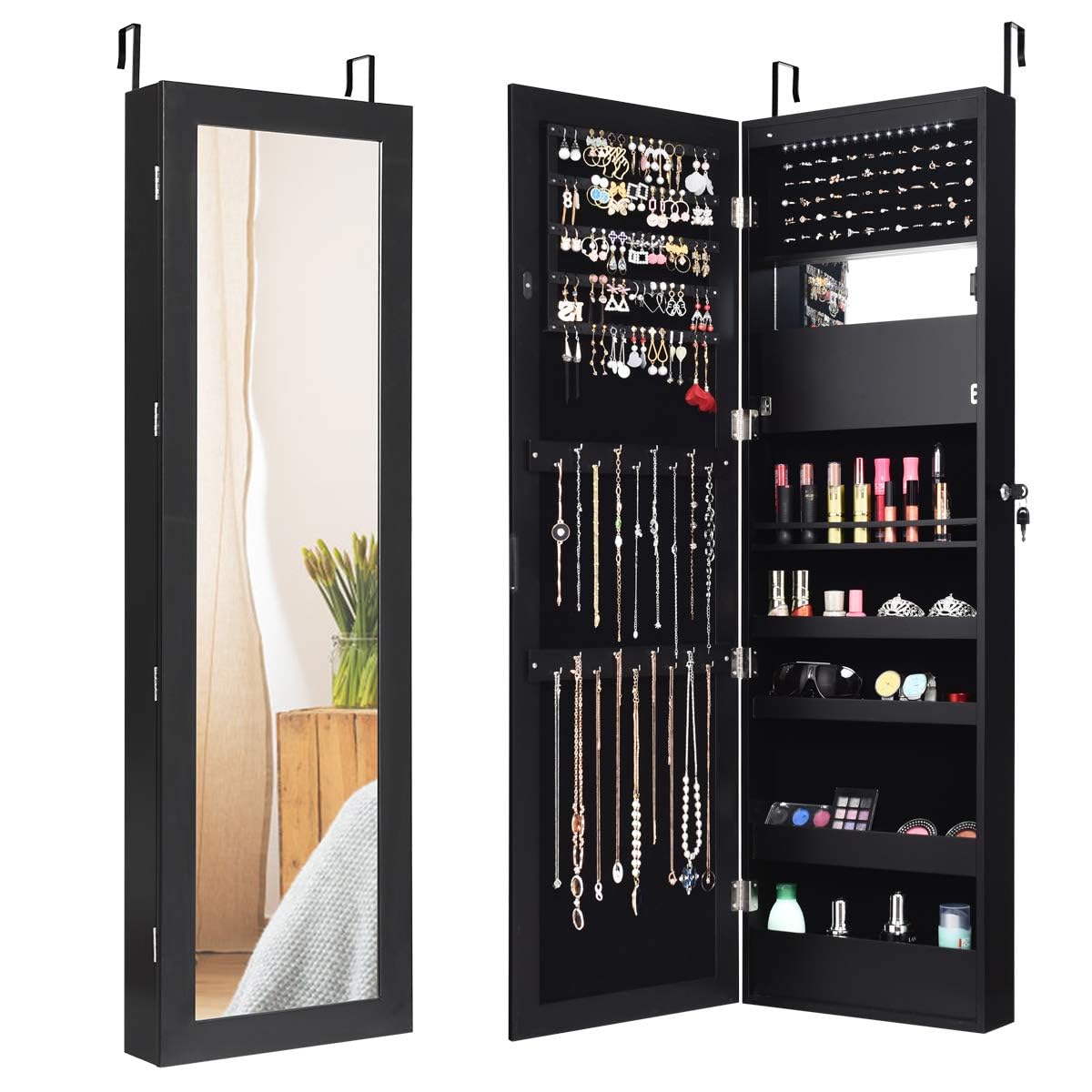 GOPLUS 2 en 1 Armoire à Bijoux avec Miroir, Organisateur de Bijoux Mural avec Lumières LED Automatiques, Armoire de Rangement Cosmétiques Verrouillable pour Chambre, Vestiaire (Noir)