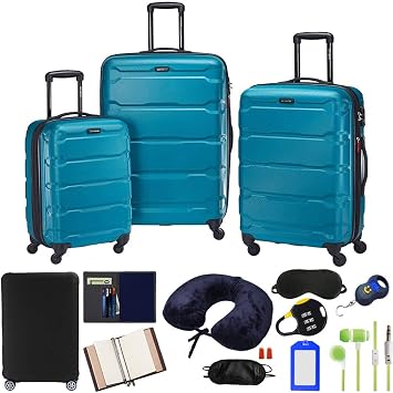 Samsonite 68311-2479 Omni Hardside Luggage Nested Spinner Set 20 Inch, 24 Inch, 28 Inch - Caribbean Blue Bundle w/Deco Gear Luggage Accessory Kit 10 Item