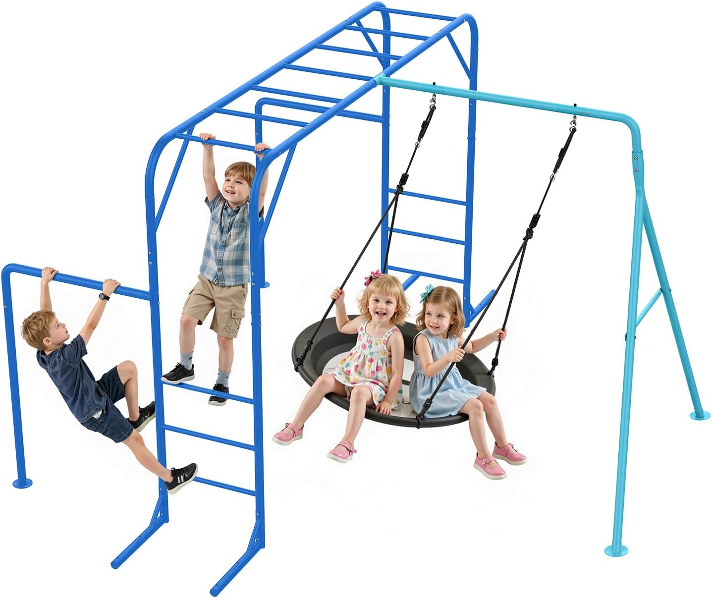 Monkey Bars Set for Backyard with Climbing Frame & Saucer Tree Swing, Metal Swing Set with Monkey Bars for Kids Age 3 and Up, Playground for Backyard with Gymnastics Bar, Green