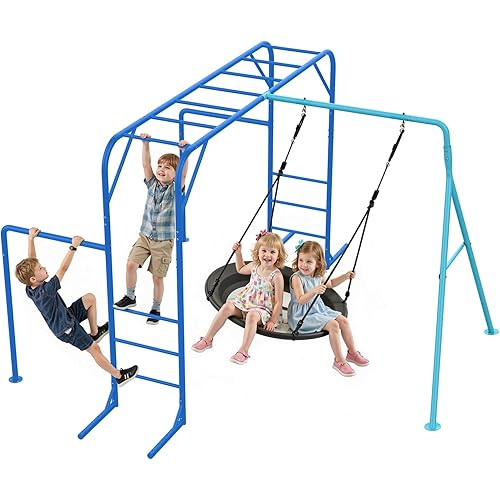 Monkey Bars Set for Backyard with Climbing Frame & Saucer Tree Swing, Metal Swing Set with Monkey Bars for Kids Age 3 and Up, Playground for Backyard with Gymnastics Bar, Blue