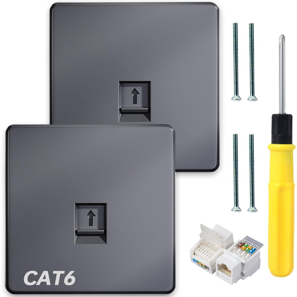 Acmerota RJ45 Ethernet Faceplate CAT6 Grey Single 1-Port Flat Face Socket Wall Plate Cat6 Ethernet Wall Socket for Ethernet Cable Networking Socket Box with Tool-Free Network Connector Module