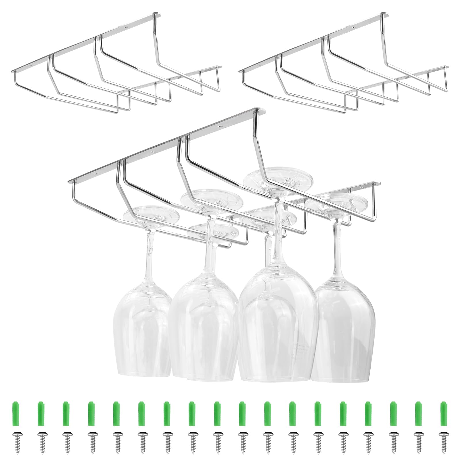 MOAMUN 3 Piezas cuelga copas del Gabinete con 18 Tornillos, 3 Ranuras soporte copas colgante, sujeta vasos de Metal colgador tazas Porta Copas de Vino para Bar de Cocina (Plateado)