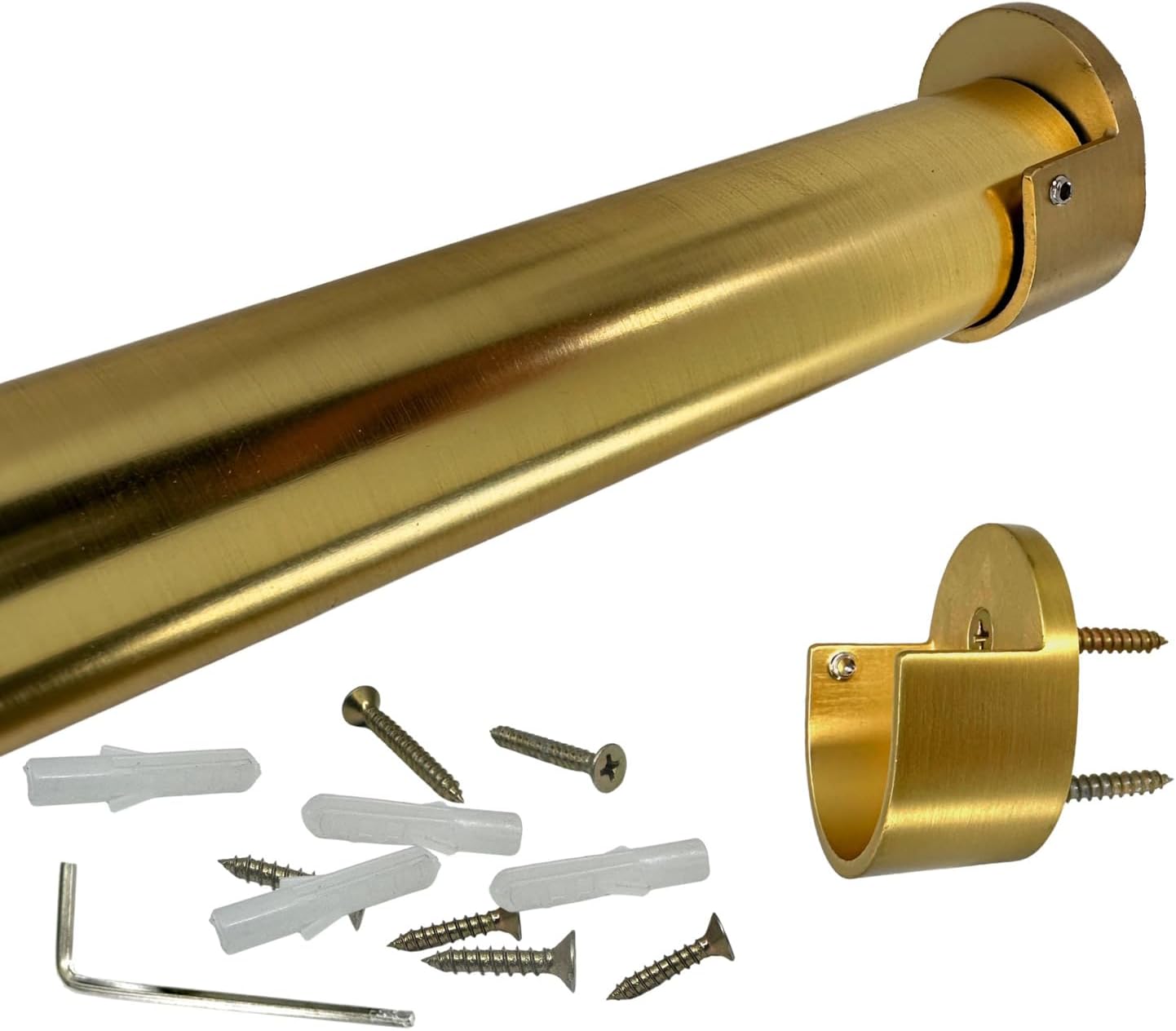 Desunia CUSTOM CUT | Up to 24'' HEAVY DUTY Satin Brass Closet Rod 1 5/16'' Dia. w/ Matching End Brackets