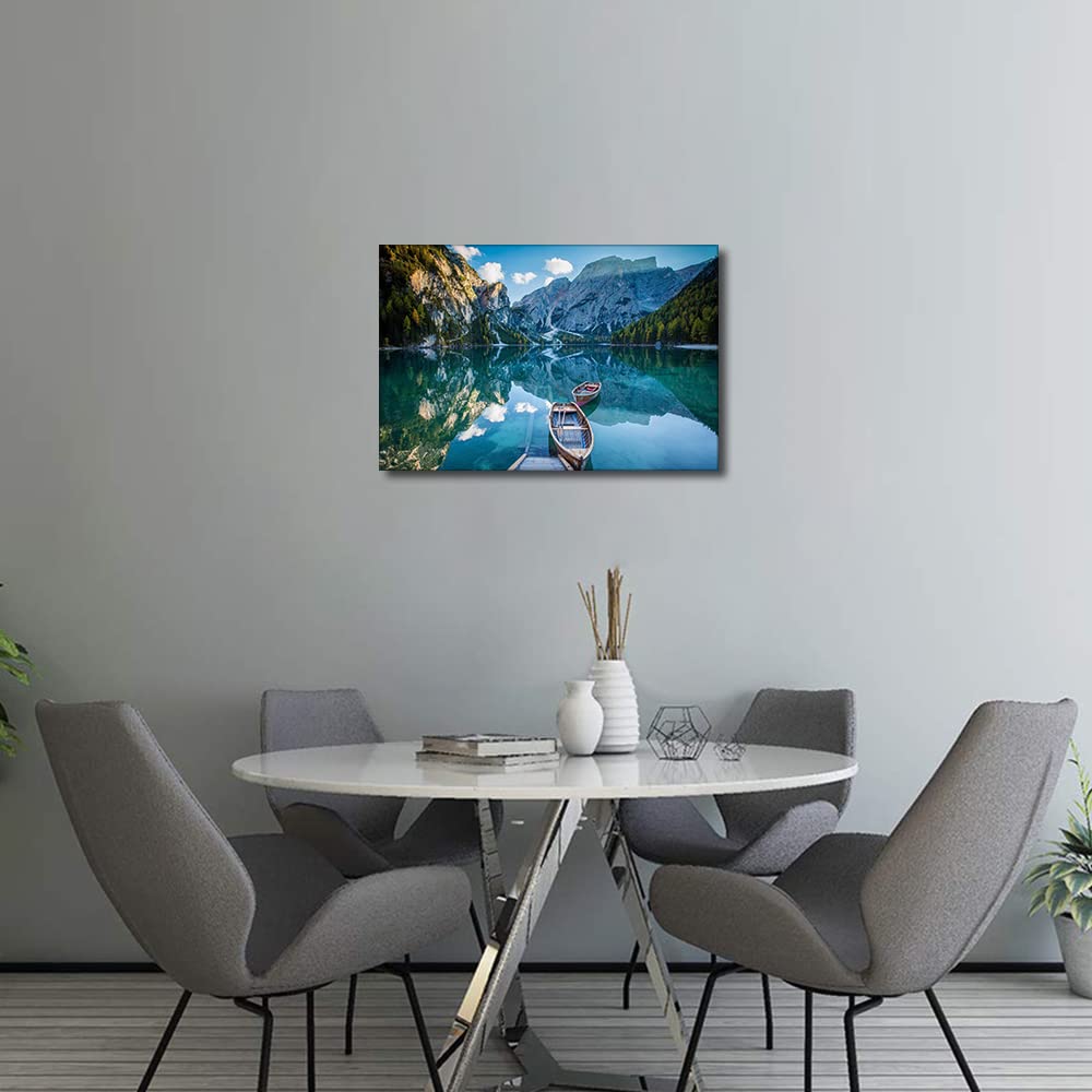 Canvas Wall Art Lakeside Boat Lago di Braies Lake Mountains Dolomiti di Brenta Painting Canvas Artwork Nature Picture for Home Office Wall Decor Framed Ready to Hang 12" x 18" - Image 2