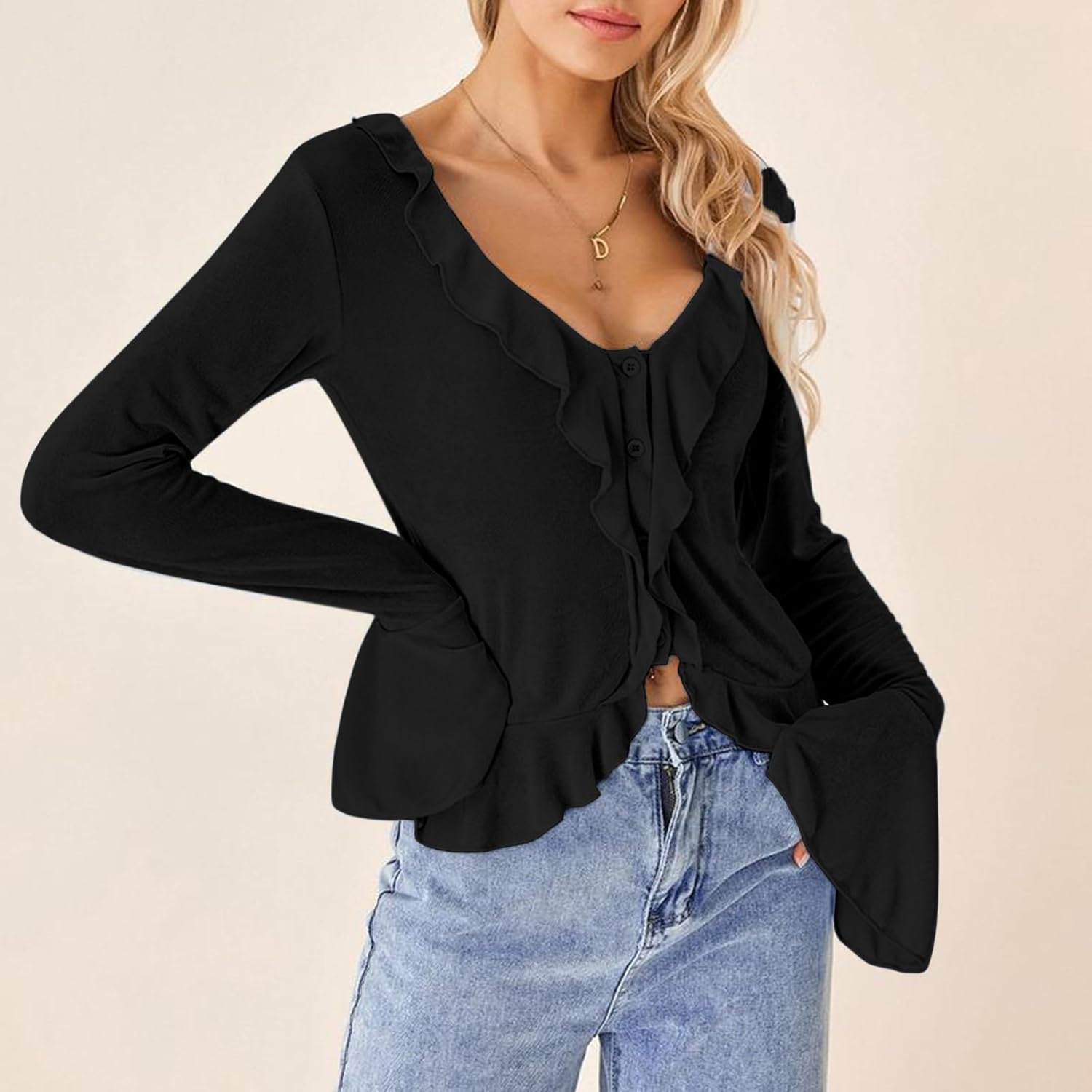 NTSWZYS Women V Neck Going Out Tops Ruffle Flared Sleeve Shirt Y2k Button Front Crop Top - Image 2