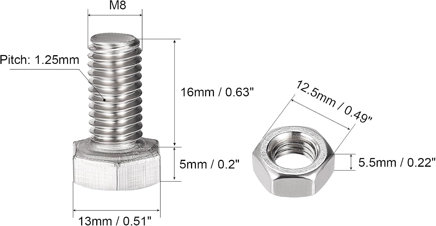 sourcing map M8 x 16mm Hex Head Screws Bolts, Nuts, Flat & Lock Washers Kits, 304 Stainless Steel Fully Thread Hexagon Bolts 4 Sets - Image 3