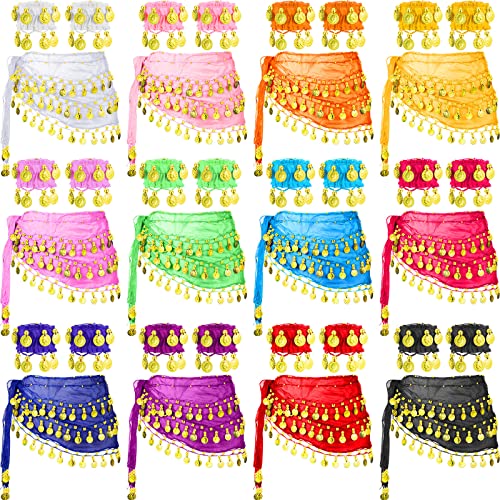 36 Pcs Belly Dance Hip Scarf Belly Dance Skirt Wrist Ankle Cuffs Bracelets 12 Colors with 98 Coins for Bellydance Dancer