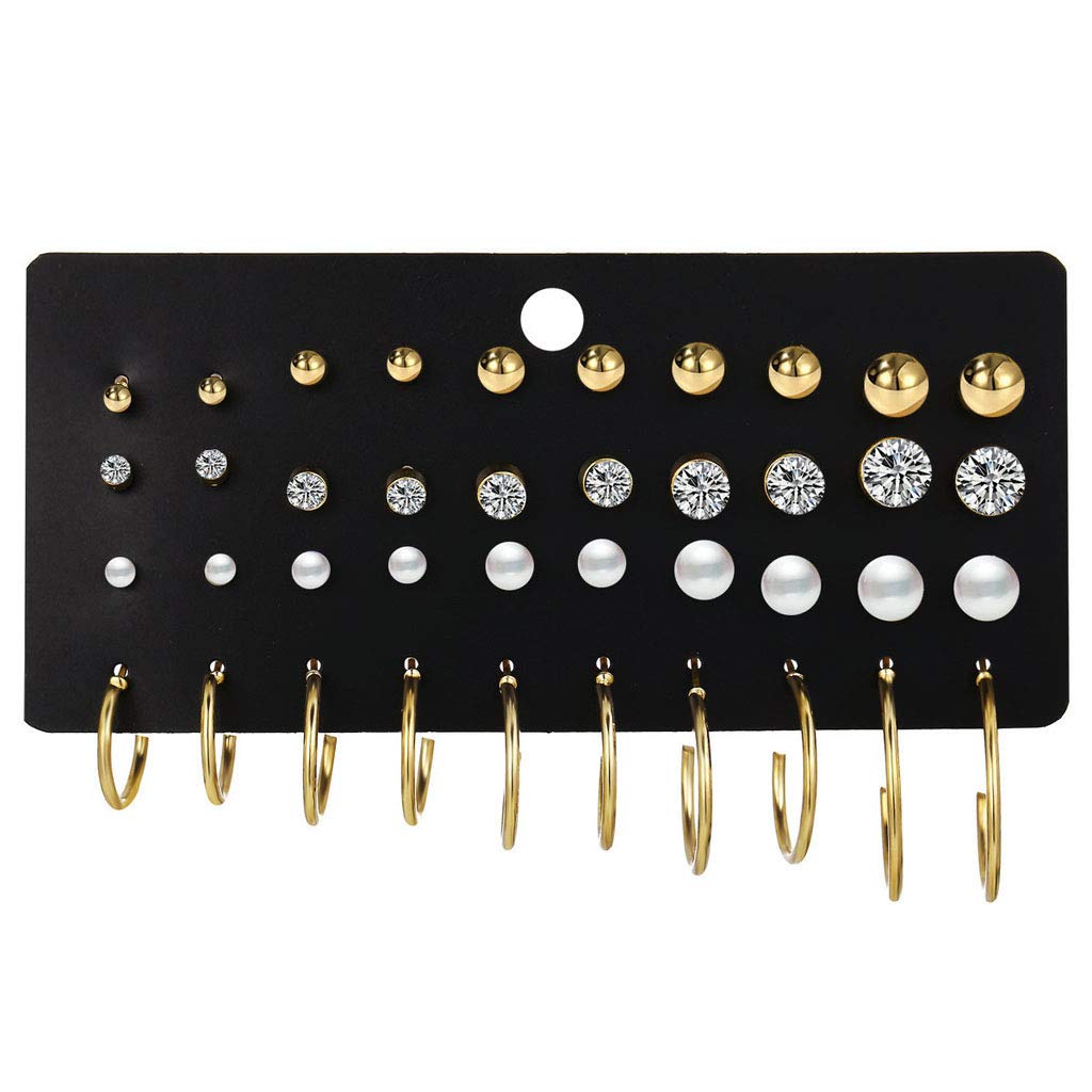 Diarypiece 20 Pairs Chic Round Stud Earrings,Metal Crystals Pearl Hoop Stud Earring