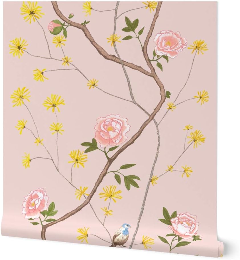 Peel & Stick Wallpaper 6ft x 2ft - Peony Blush Chinoiserie Pink Bird Butterfly Flower Custom Removable Wallpaper by Spoonflower