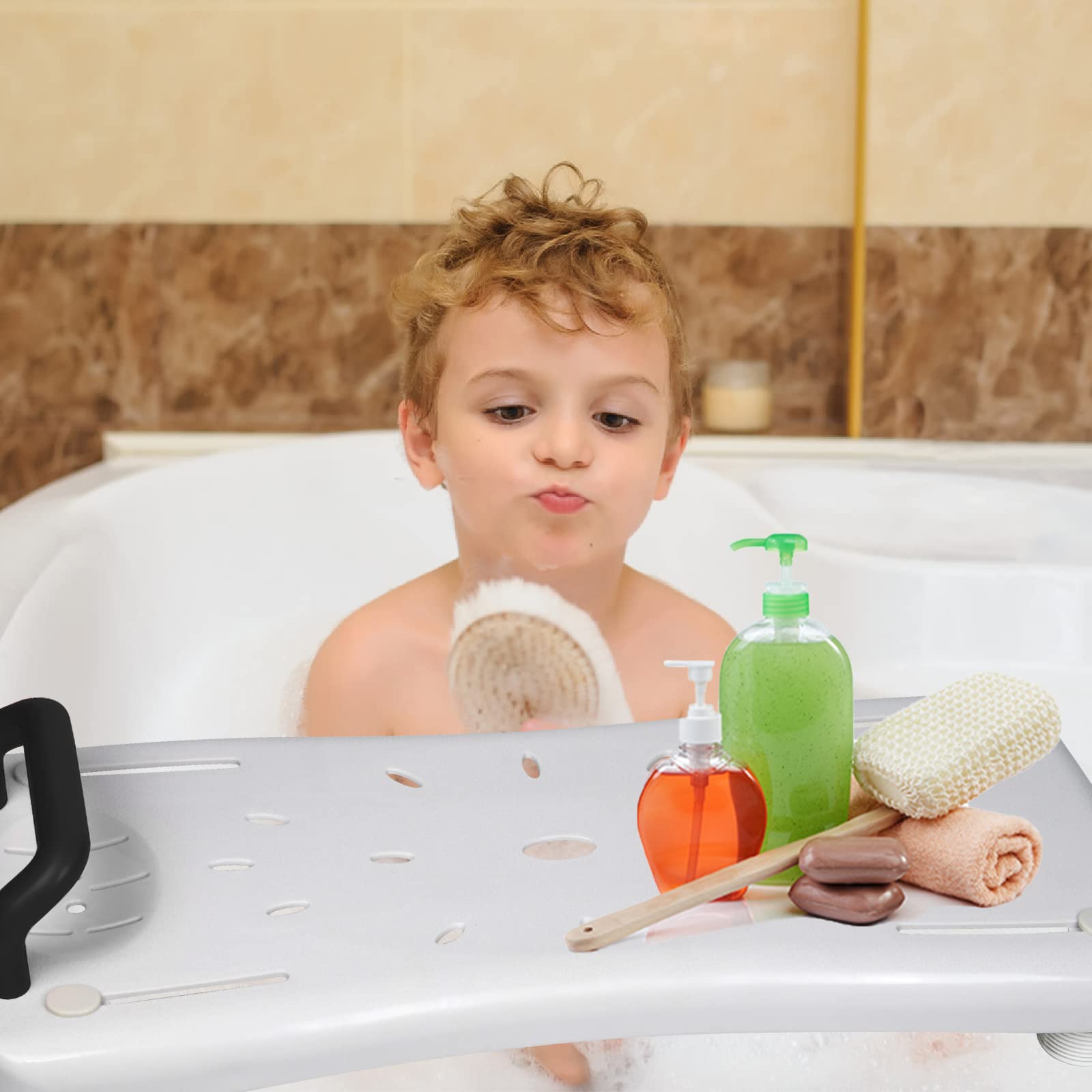 Siège de bain pour personnes âgées, planche de bain pour s'asseoir, 70 x 31 cm, réglable de 41 à 63 cm, pour baignoire, planche blanche, plastique PP, poignée noire, poignée jusqu'à 150