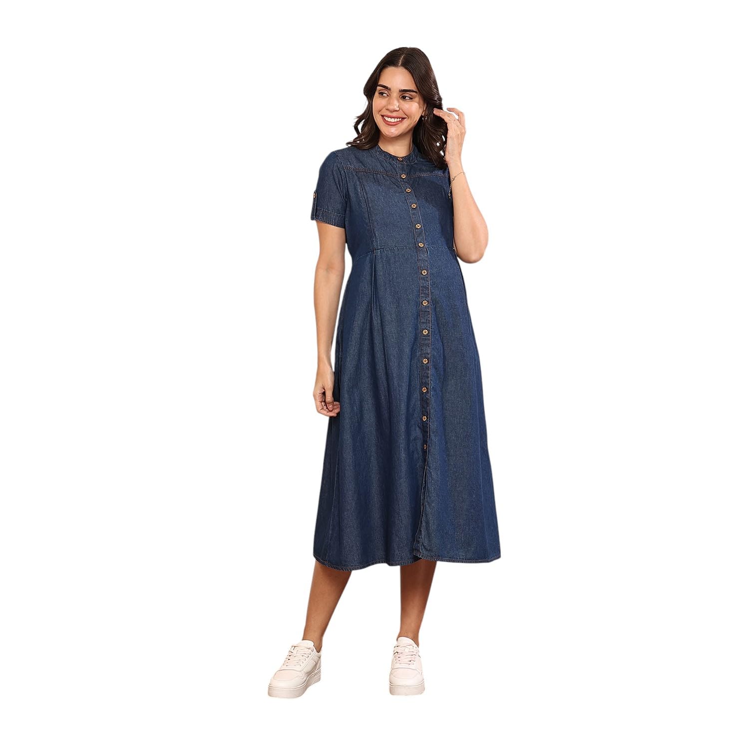 Women's Maternity Dress Denim Cotton Feel | Calf Length Pregnancy & Feeding Dress with Zippers | Baby Shower & Nursing Gown for Women