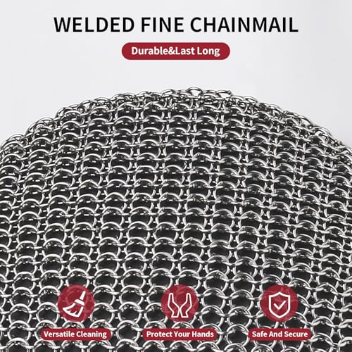Cast Iron Cleaner Scrubber with Long Handle - Welded Fine Chain Mail Cast Iron Scrubber Brush-Chainmail Sponge Scrub Cleaning Tool to Clean Skillets, Pan,Griddle, Wok, Dutch Oven - Thumbnail 2