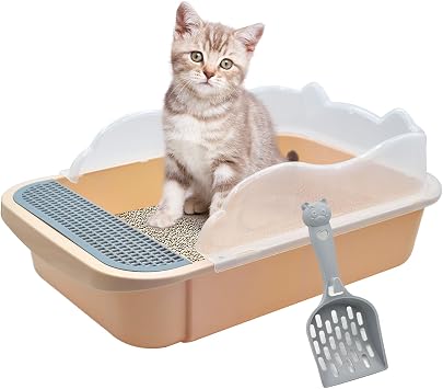 kathson Open Cat Litter Box with High Side,Anti-Splashing Cats Litter Pan Semi-Enclosed Removable Cats Litter Boxes with Litter Sifting Scoop Open Top Kitty Toilet for Easy to CleanKhaki