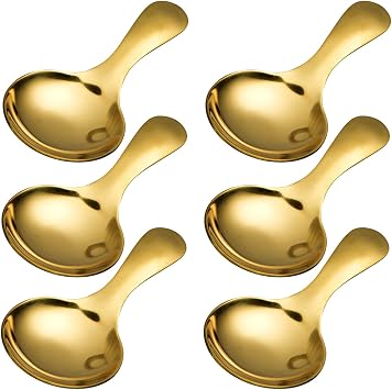 Short Handle Spoons Set of 6, Stainless Steel Mini Salt Spoons for Condiments, Dessert, Tea, Coffee, Cake, Sugar, Stirring Spoon Coffeeware Teaspoon - 3.5 Inches Gold