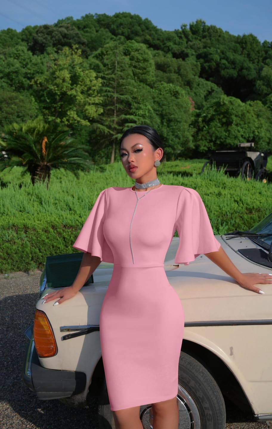 Memoriesea Women's Basic Bodycon Ruffle Flared Short Sleeve Pencil Midi Dress - Image 5