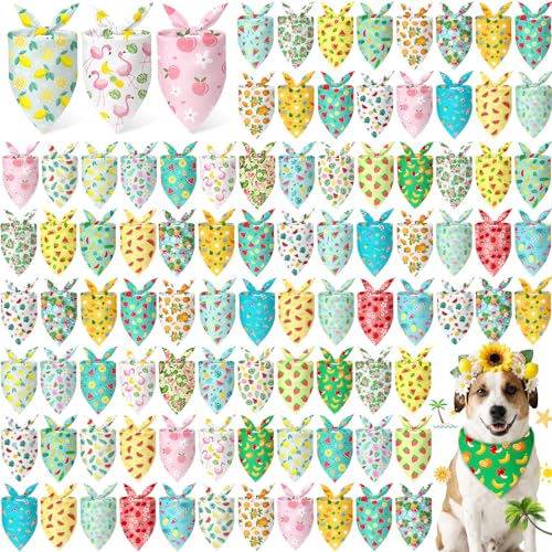 Abbylike 100 Pieces Summer Themed Dog Bandanas Bulk Hawaiian Dog Bandanas for Pets Triangle Kerchief Scarf Bibs Set for Summer Pets Dogs Party Costume Accessories 25 Styles (25.6 x 17.7 x 17.7)