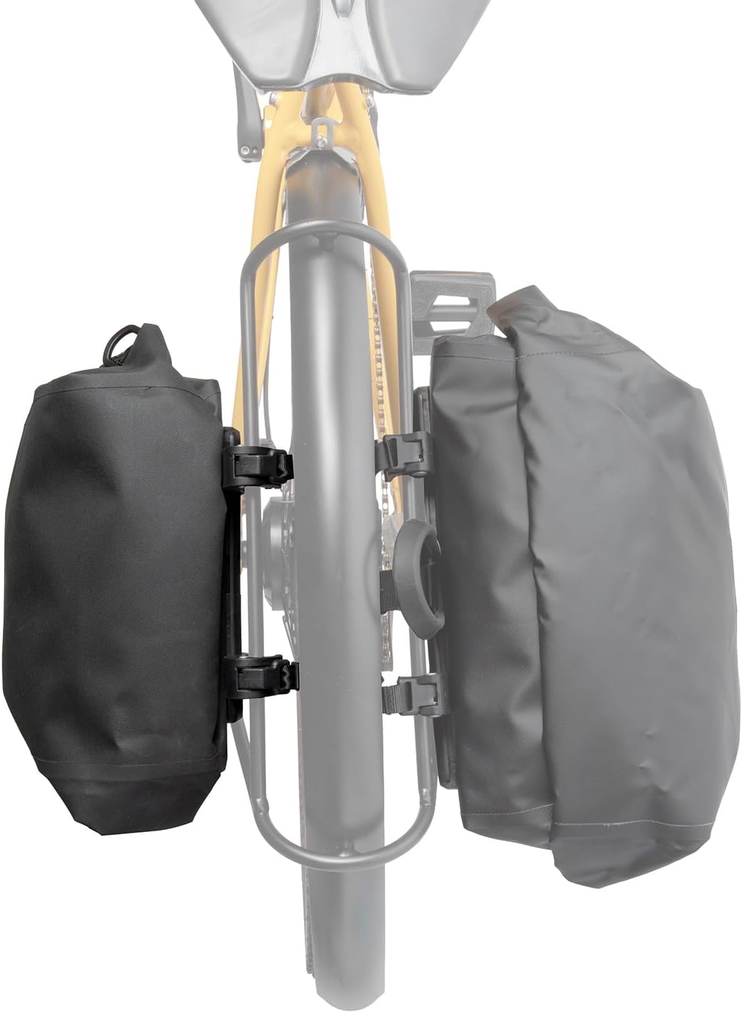 Close-up of the M-Wave pannier bag's upper clip-on hook mechanism.