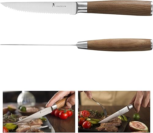 Miniatura 3 de kangdelun Natura Series - Juego de 8 cuchillos dentados para carne de 4.5 pulgadas, acero inoxidable de alto carbono, mango de madera