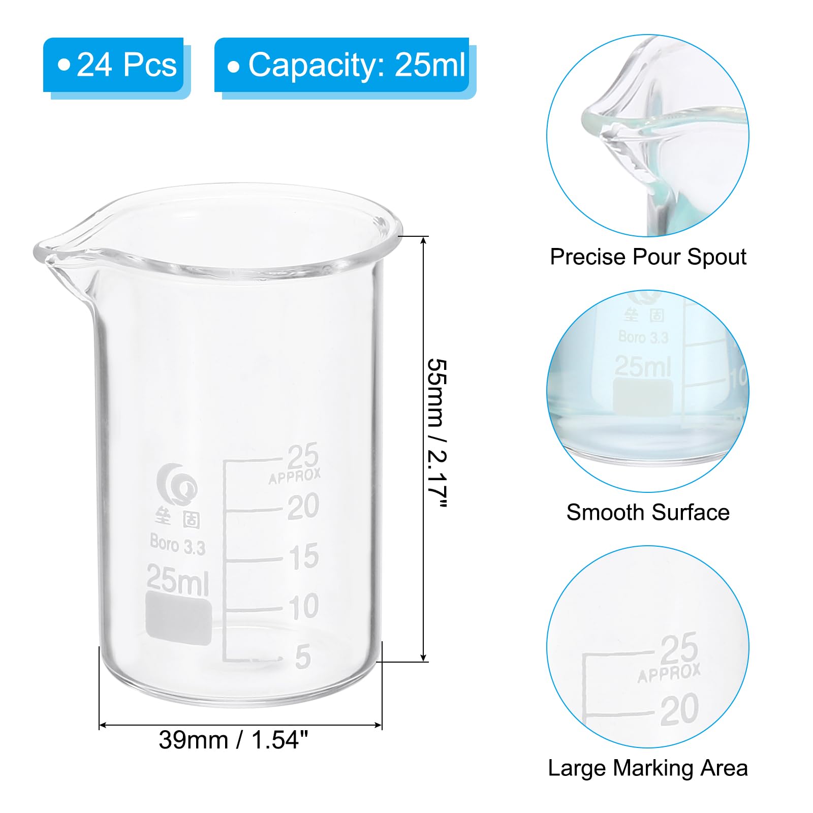 PATIKIL 25ml Becher Bas En Verre, 24Pcs 3.3 Bechers En Verre Borosilicate Gradués Avec Bec Verseur Pour Expérience De Laboratoire, Cuisine Et Pâtisserie, Transparent