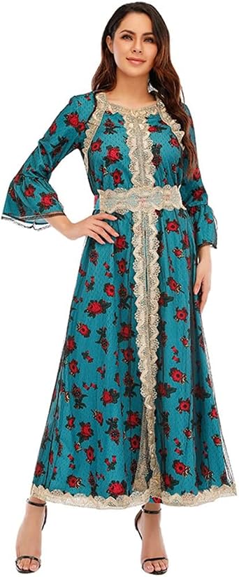 Elegant Muslim Dresses for Women Long Dress Floral Printed Abaya Dress Islamic National Robe