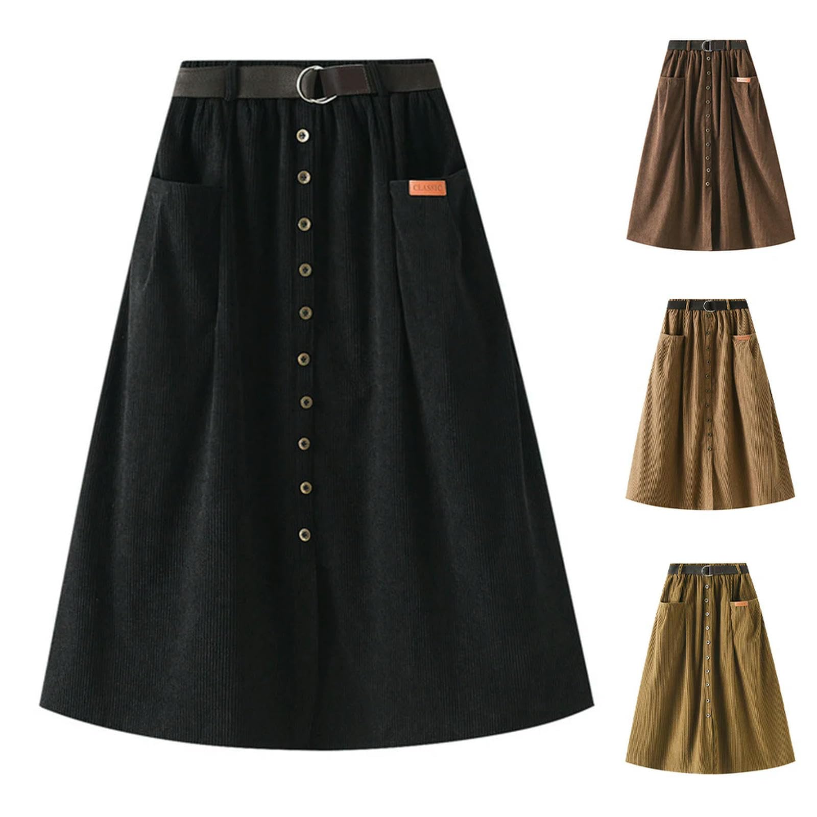 Gonna Gonna Midi Vellutoy Autunno Invernale Femminile con Tasche A Bottoni Cintura di Gonna A Fessura Pieghetta Gialla Nera