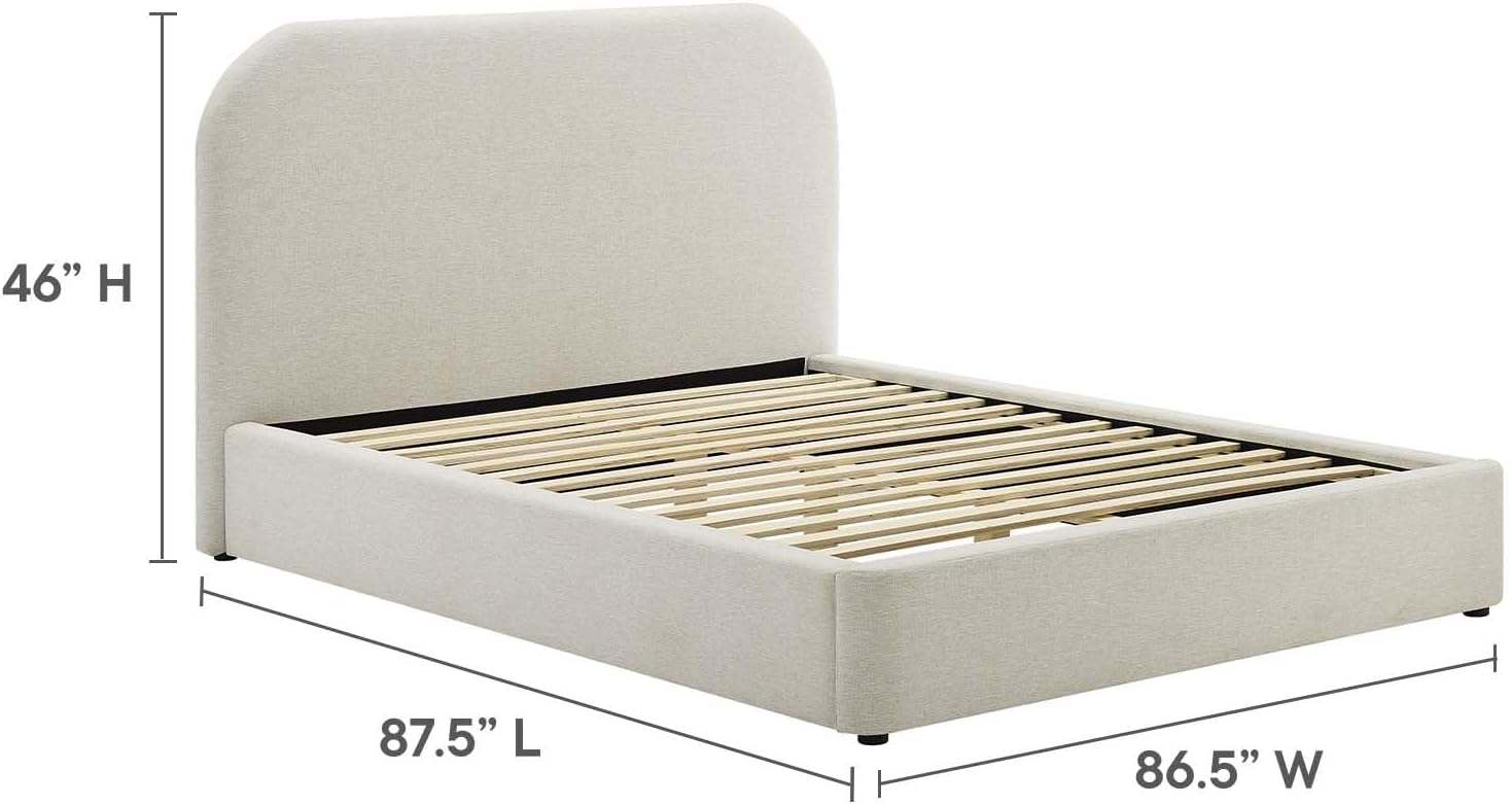 Modway Keynote Modern King Size Bed Frame with Curve Shaped Headboard in Heathered Weave Ivory, Woven Heathered Fabric Upholstery, King Size Platform Bed, Soft Cloud Bed Frame, No Box Spring Needed